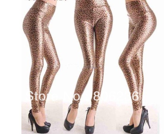 Leopard Metallic High Waist Stretchy Leather Look Pants   B287