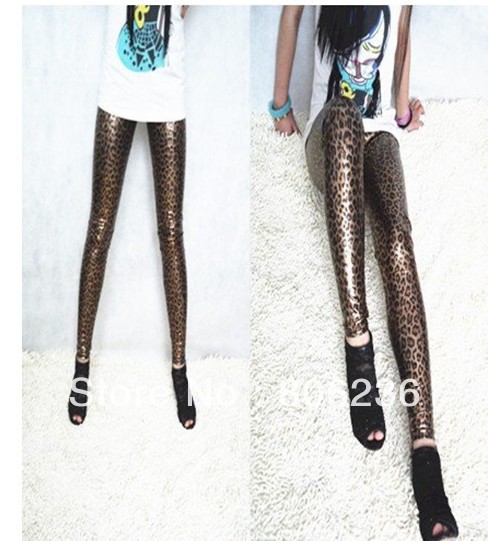 Leopard Metallic Stretchy Leather Look Leggings   B329