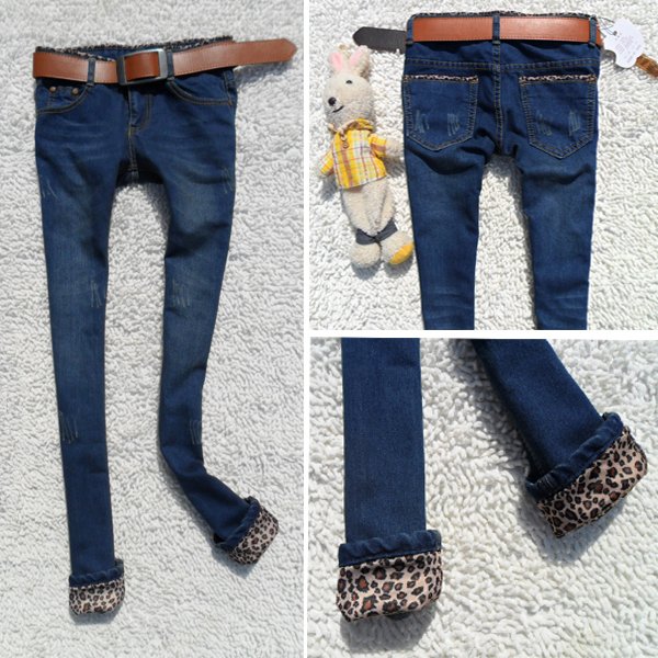 Leopard print fashion blue wearing white cat jeans female roll-up hem skinny pants tight pencil pants