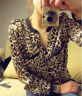 Leopard print fashion medium-long V-neck silk floss silk shirt stand collar female long-sleeve shirt