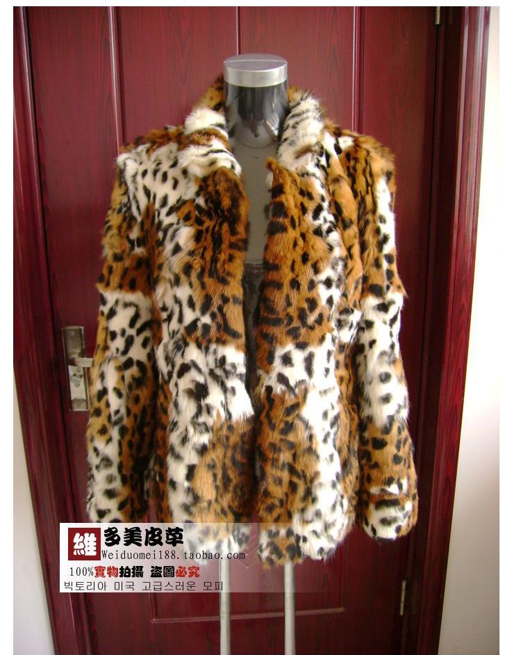 Leopard print full leather medium-long stand collar fur coat