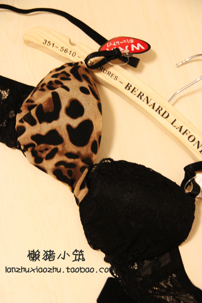 Leopard print lace cup bra women's push up bra underwear set black 2087