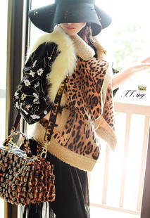 Leopard print large lapel berber fleece fur vest