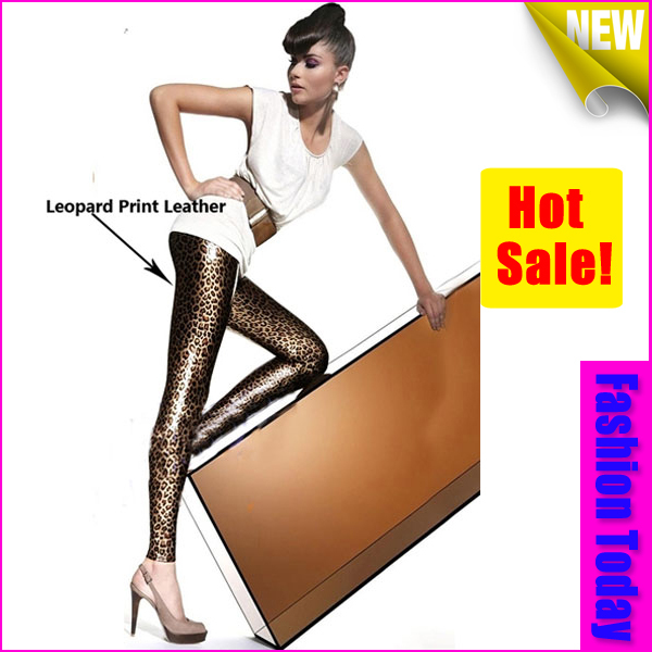 Leopard Print Stretchy Skinny Faux Leather Leggings Pants 13138 (M & XL Size)