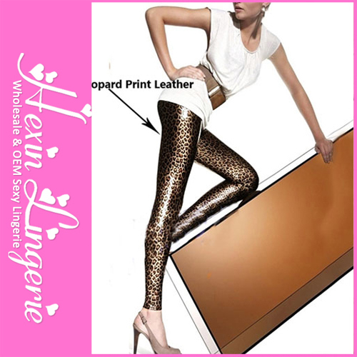 Leopard Print Stretchy Skinny Faux Leather Leggings Pants LB13138 (M & XL Size)