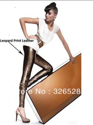 Leopard Print Stretchy Skinny Faux Leather Leggings Pants LB13138 (M & XL Size)