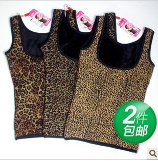 Leopard print thermal vest female plus velvet thickening beauty care body shaping top thermal female spaghetti strap