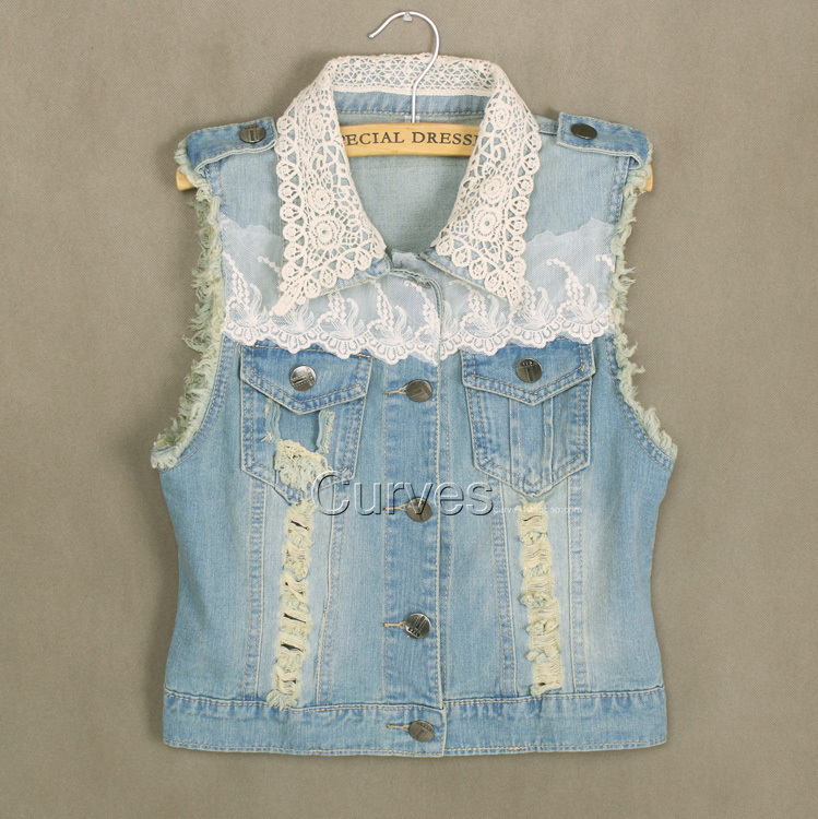 [ LIFE ART ]2012 autumn women's punned sleeveless denim vest short design distrressed turn-down collar vest M,L,XL,XXL