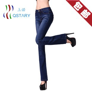 Light blue elastic bell-bottom jeans boot cut women's high waist jeans plus size clothing spring