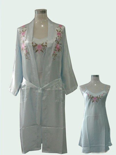 Light Blue Ladies' Satin Polyester 2pcs Nightwear Robe Pyjamas Sleepwear Kimono Gown M L XL XXL Free Shipping 0853-4