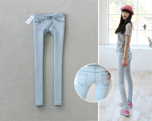 Light blue pencil pants female denim skinny pants 1012