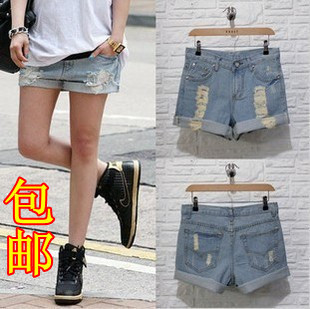 Light color denim shorts hole female summer shorts loose hem distrressed roll up