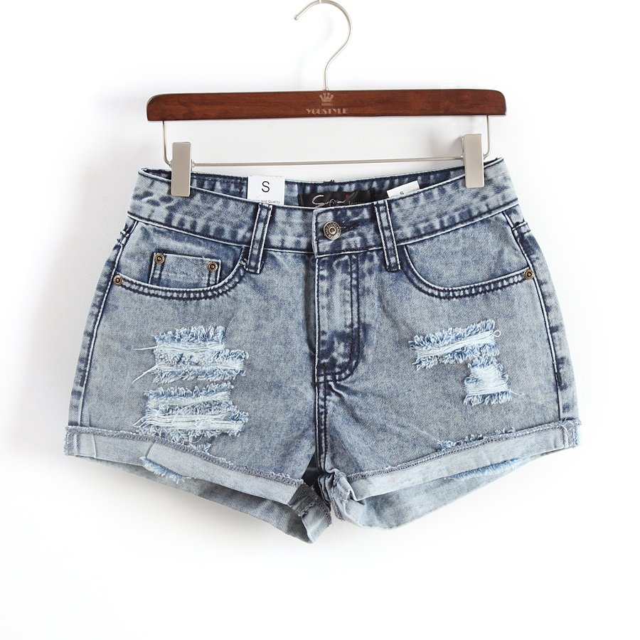 Light color retro finishing distrressed denim shorts water wash wearing white roll up hem mid waist shorts 2013 women's spring