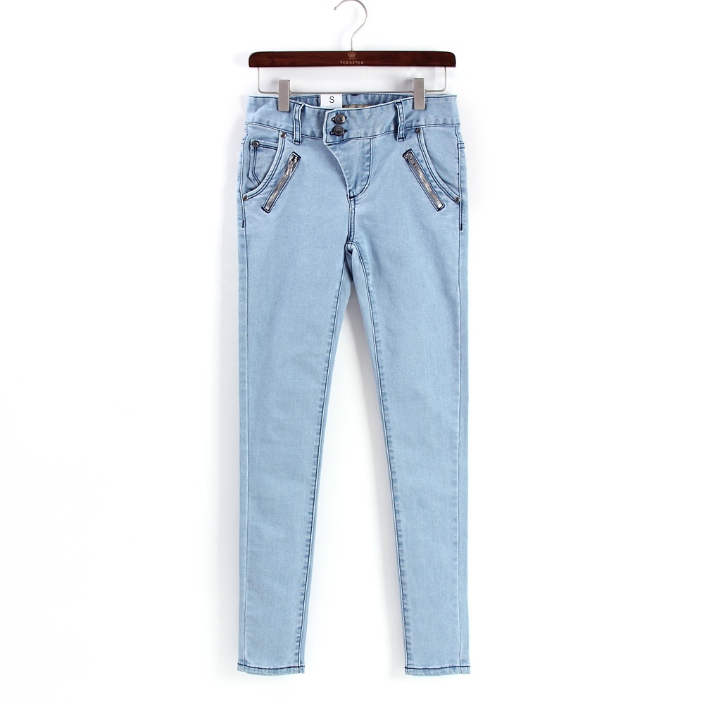 Light color wearing white blue zipper slim tight denim skinny pants fashion 2013 spring women's