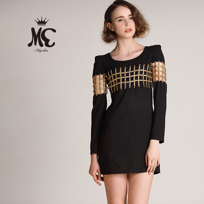 Light gold leather reticular fabric mosaic slim waist long-sleeve dress short skirt