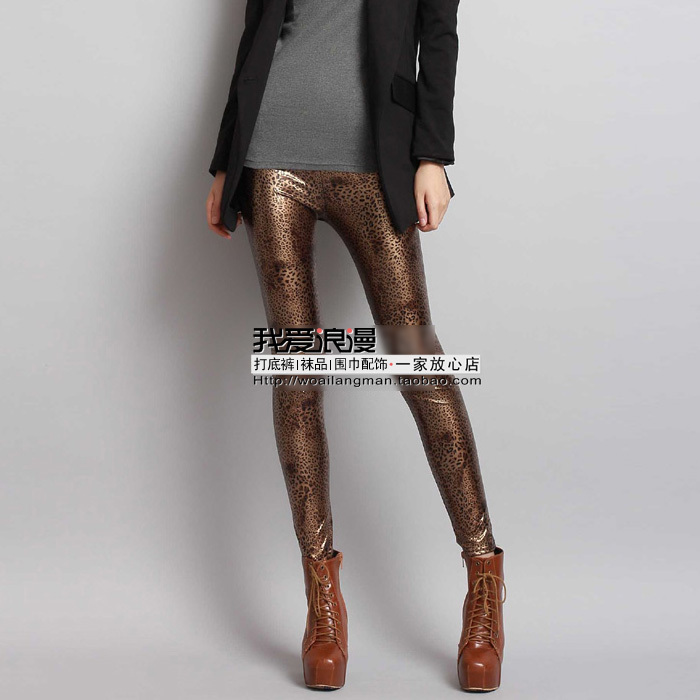 Light gold leopard print faux leather trousers fashion trend legging female autumn and winter thin ultra elastic personalized