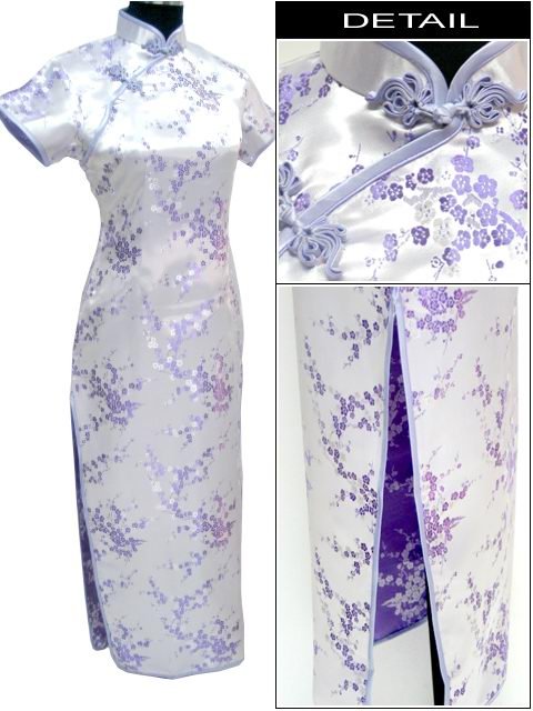 Light purple Chinese Women's Satin Polyester Qipao Cheong-sam Long Dress Flower Plus Size S-6XL Free Shipping J3087