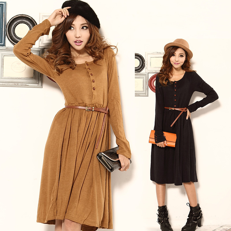 Limited edition 2013 spring brief single-row leather buckle on elastic waist slim solid color knitted one-piece dress with belt