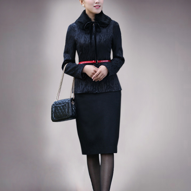 Limited edition OL outfit jacquard slim rabbit fur dress set plus size available