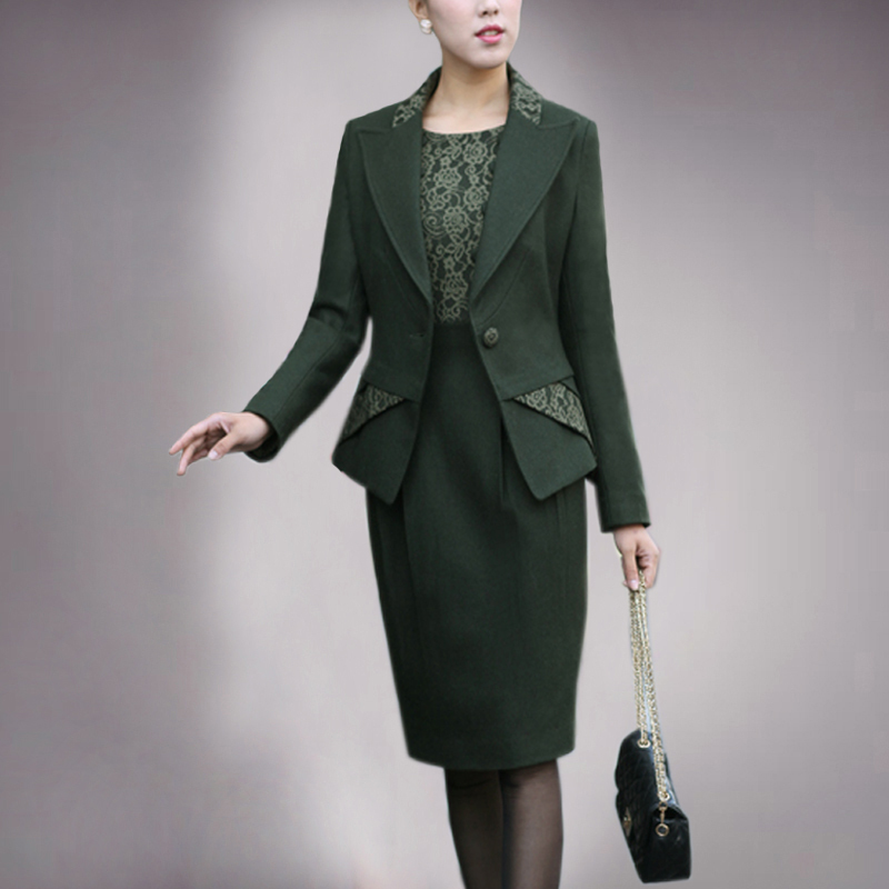 Limited edition women's ol thick woolen lace patchwork coat one-piece dress set