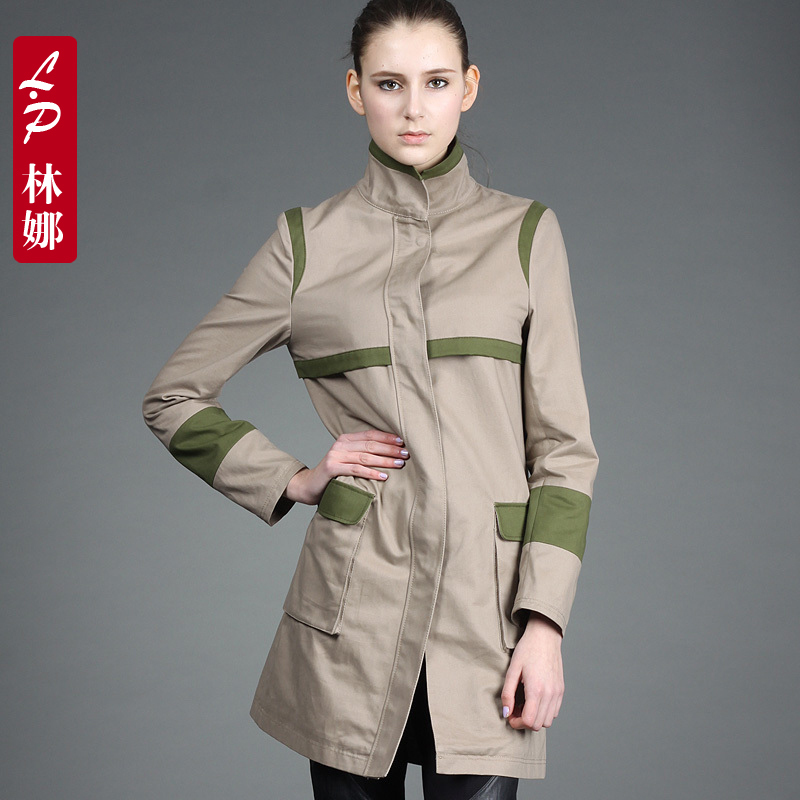 Linapelicci 2012 spring women's fashion stand collar slim color block decoration medium-long trench outerwear