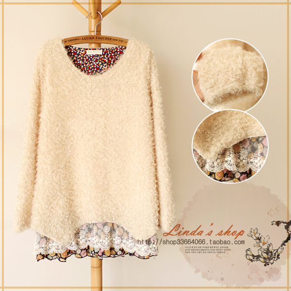 Linda autumn and spring women sweet roll plush gauze chiffon A - shaped type faux two piece set sweater