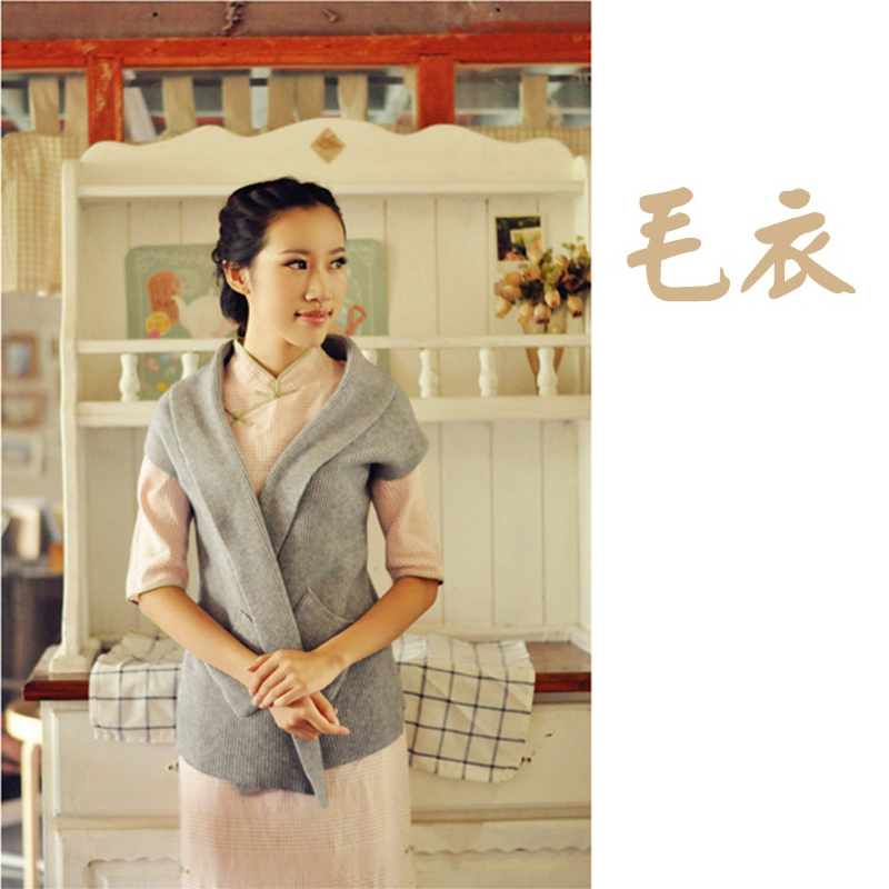 Linen autumn and winter cheongsam all-match cape type solid color sleeveless thickening sweater