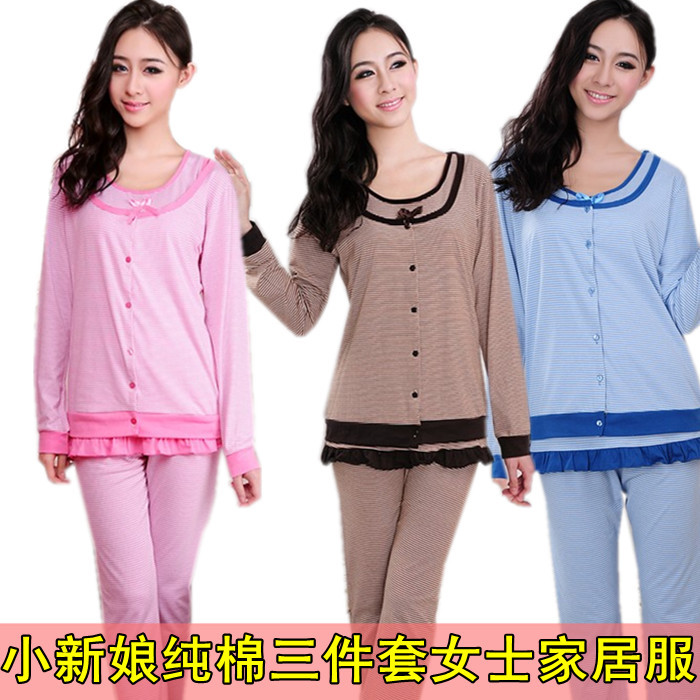 Little bride 2012 autumn and winter Women three piece set sleepwear long-sleeve thin stripe women's lounge set