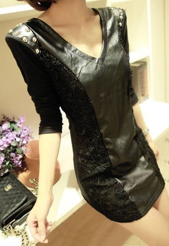 Little princess fashion autumn and winter slim punk lace patchwork rivet long-sleeve leather one-piece dress 725