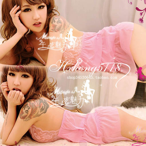 Lively and lovely pink usuginu lace halter-neck set sleepwear sexy layered dress nightgown 8525