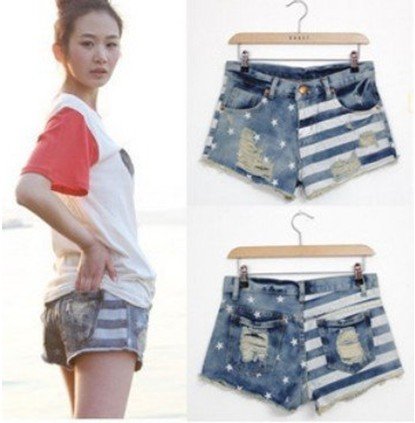 LJ-047 Free Shipping Wholesale Price Fashion Europe United States flag Stripe star wind Women lower shorts jeans