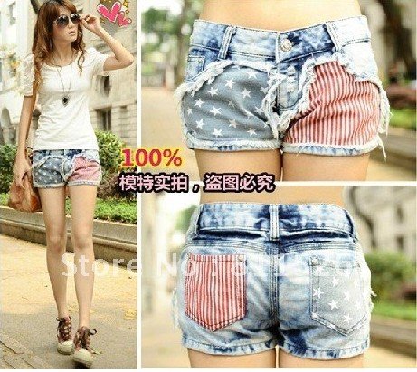 LJ-082 Wholesale Price Fashion Stars Stripes US Flag Classical Summer Denim shorts/hot pants pants Free Shipping