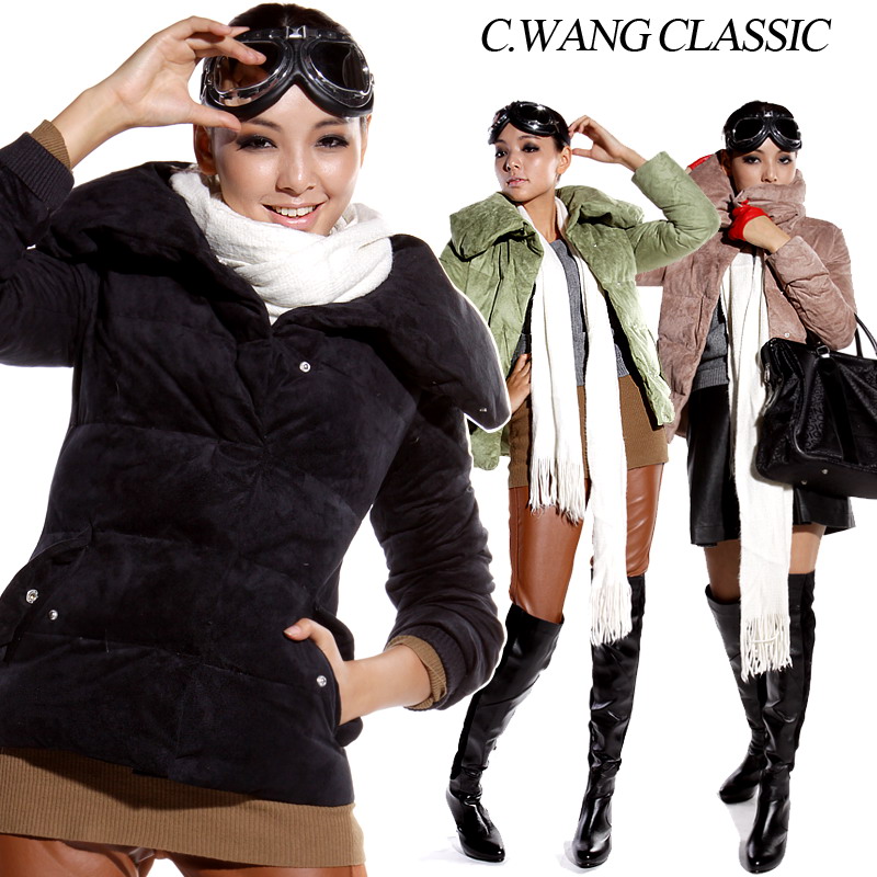 LO 2012 suede fabric large lapel slim down coat women short design thick outerwear