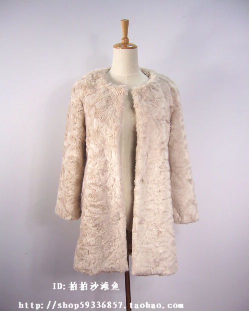 Long design beige rex rabbit hair fur coat fur coat medium-long overcoat