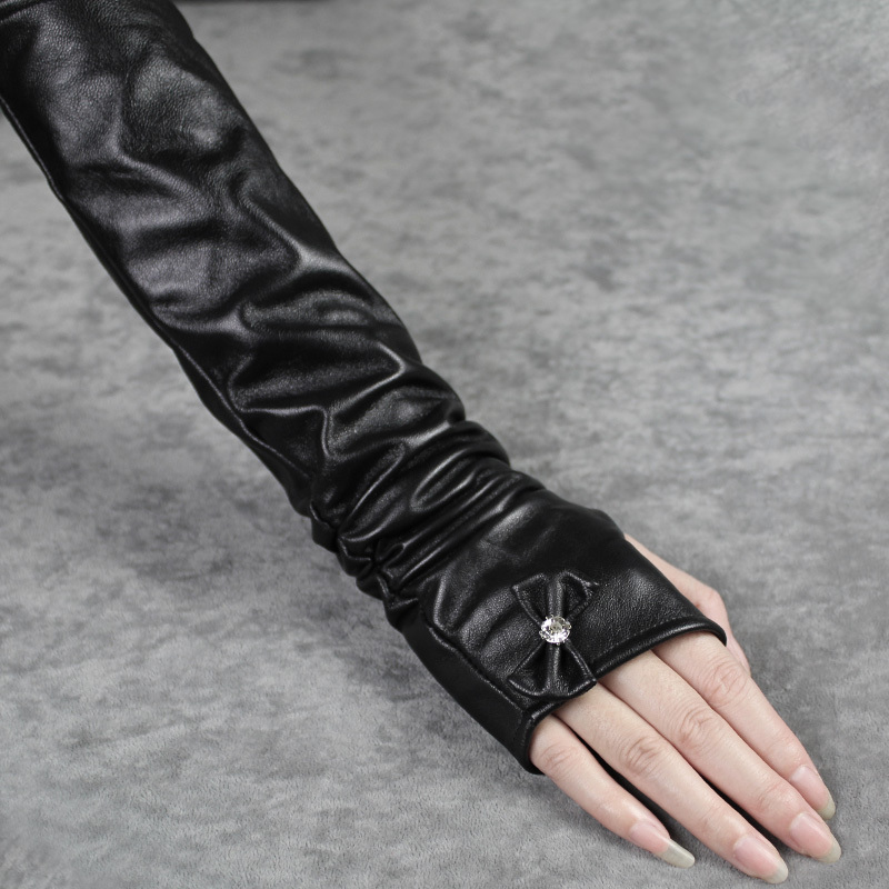 Long design gloves semi-finger sheepskin gloves bow genuine leather gloves women's mitring