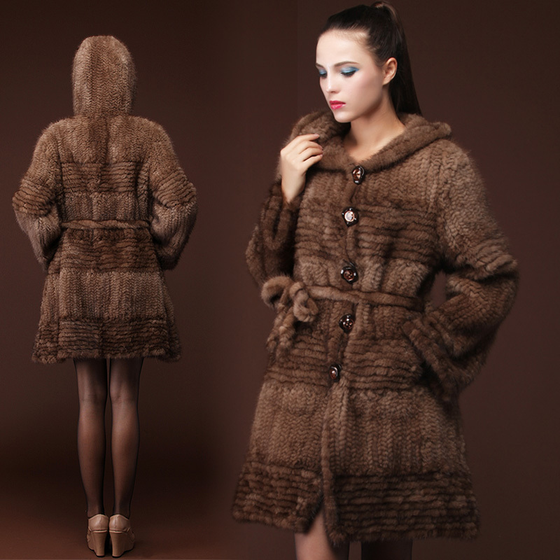 Long design hooded mink knitted outerwear 2012 new arrival women's fur overcoat mink outerwear