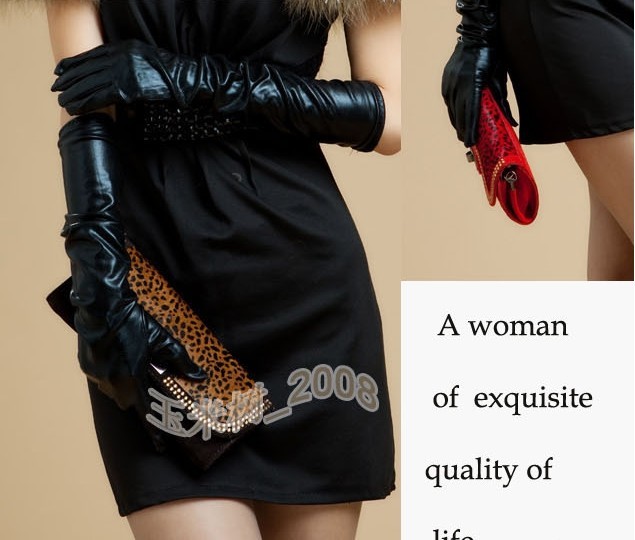 Long design leather gloves women's 50cm long leather gloves PU women's plus velvet thickening