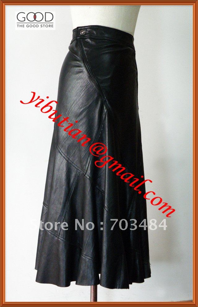 Long Pleated Ankle-Length Slim Black Ladies Long Leather Skirt 100% Sheep Leather Very Soft Dropshipping