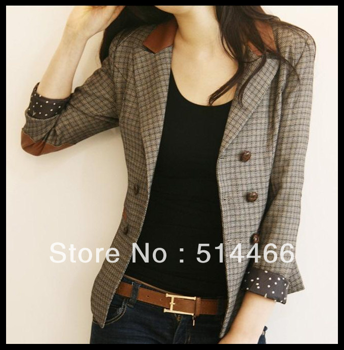 Long Sleeve Jacket Fashion Double Breasted Pocket Outerwears Women's Small Suit Stitching Leather Office Lady Coffee Plaid Coats