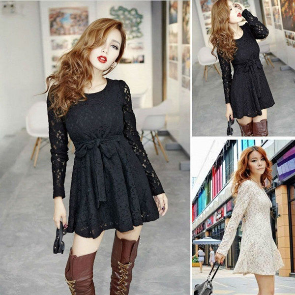 Long Sleeve Lace Dress With Back Zipper, drop shipping Free shipping  W1309