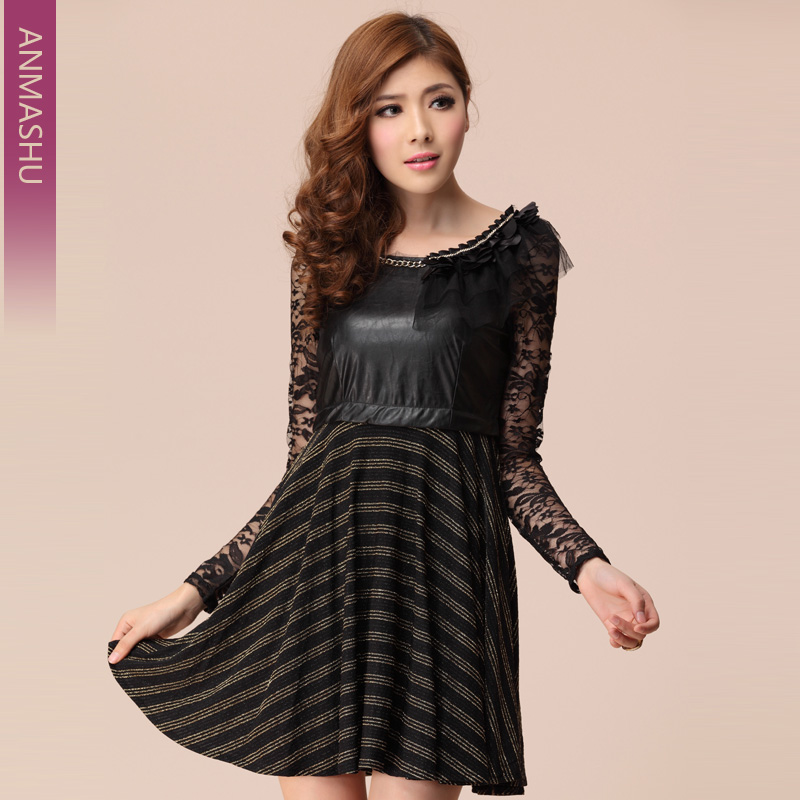 Long-sleeve lace one-piece dress autumn and winter patchwork PU patchwork plus size sweet leather skirt fashion