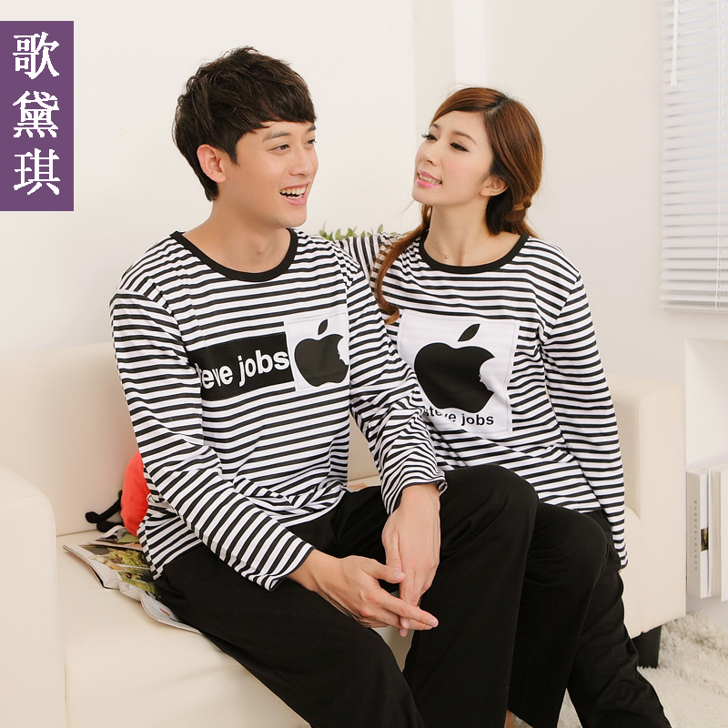 Long-sleeve lovers sleepwear women's autumn lounge set black stripe male at home service