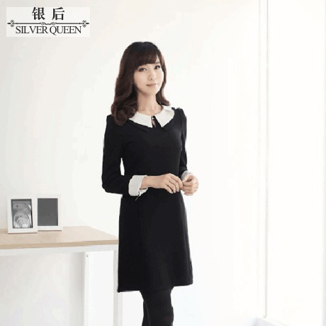 Long-sleeve peter pan collar color block decoration plus size slim thick knitted autumn and winter one-piece dress .