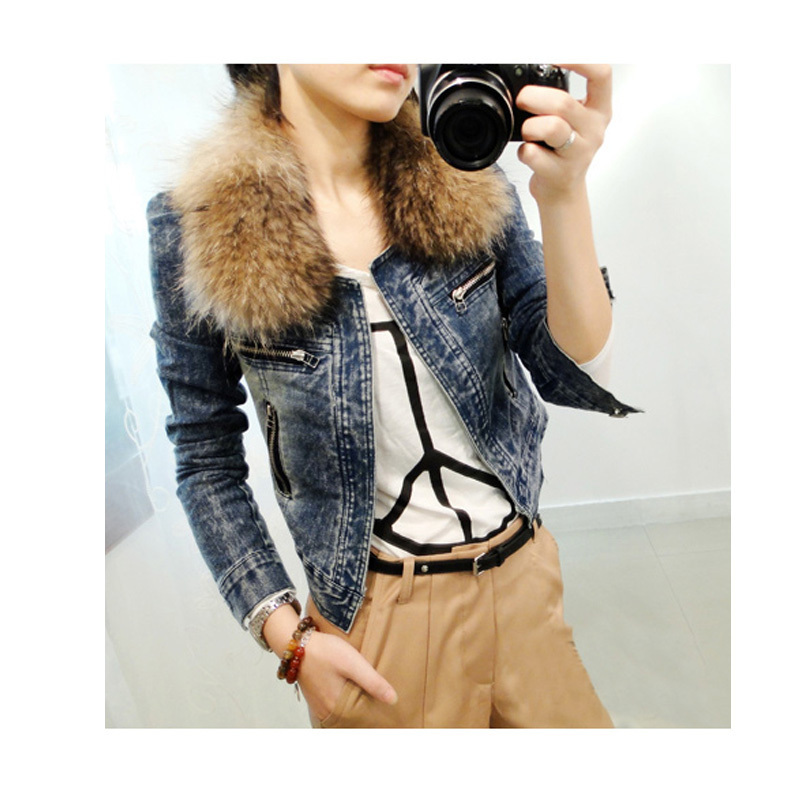 Long-sleeve short design denim outerwear the disassemblability female fur collar zipper denim jacket