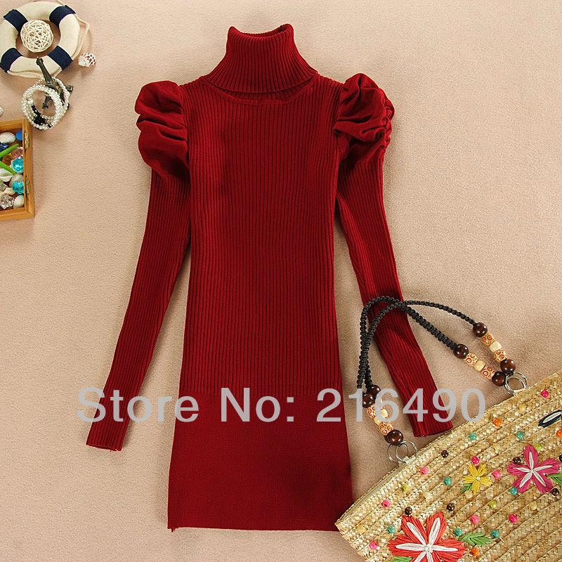 Long Sleeve Stripe Turtleneck Sweater For Women 2013 Spring Wool Pullover Jumper Knitwear Vintage Print Dress Knitted Black 7199