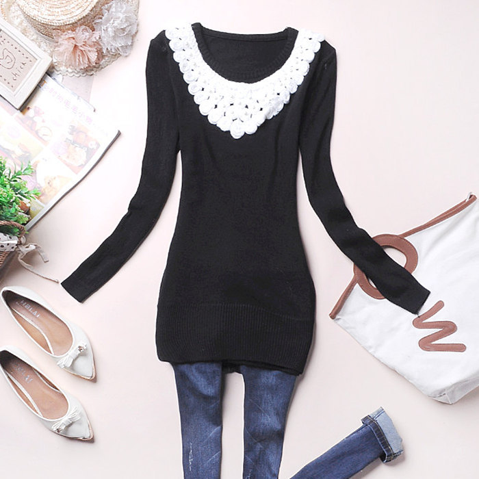 Long Sleeve Women's clothing Black Basic Shirt Sweaters Free Shipping Black White