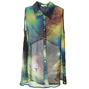 Long sleeves/sleeveless,Women transparent Chiffon Yarn Black Sexy Vintage Space Universe galaxy Print Blouse/Shirt