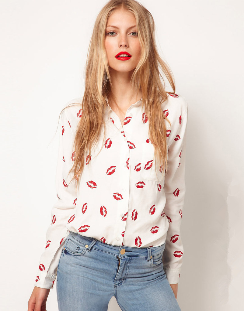 Long Sleeves White Shirt Red Lip Print Women Shirts / SML / Free shipping ~