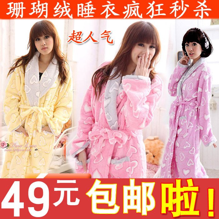 Long velvet thickening autumn and winter heart nightgown robe women's bathrobes coral fleece sleepwear lounge