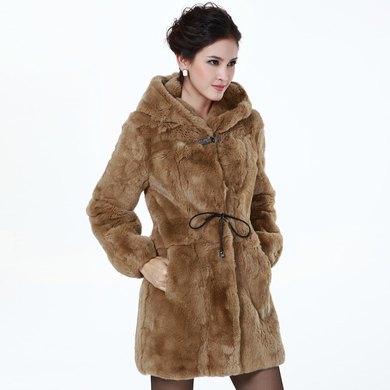 Long winter fur coats for women Female 2012 full leather rex rabbit hair overcoat belt with a hood long design fur coat